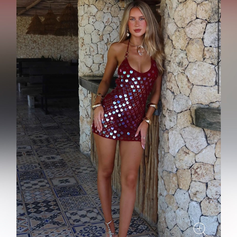 Sequin Halter Mini Dress in Burgundy